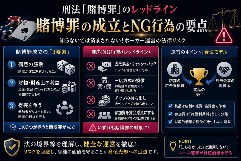 刑法「賭博罪」のレッドライン：換金、三店方式、賞品設計の具体的NG集