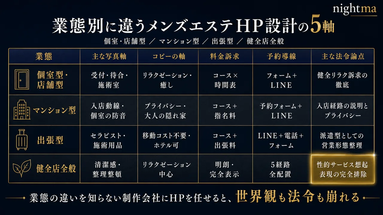 業態別に違うメンズエステHP設計の5軸（個室・店舗型/マンション型/出張型/健全店全般）