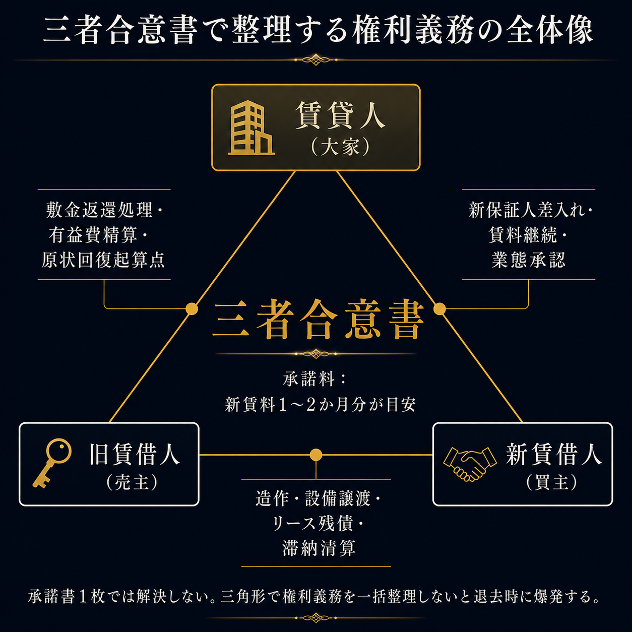 三者合意書で整理する権利義務の全像|賃貸人・旧賃借人・新賃借人の関係を図解