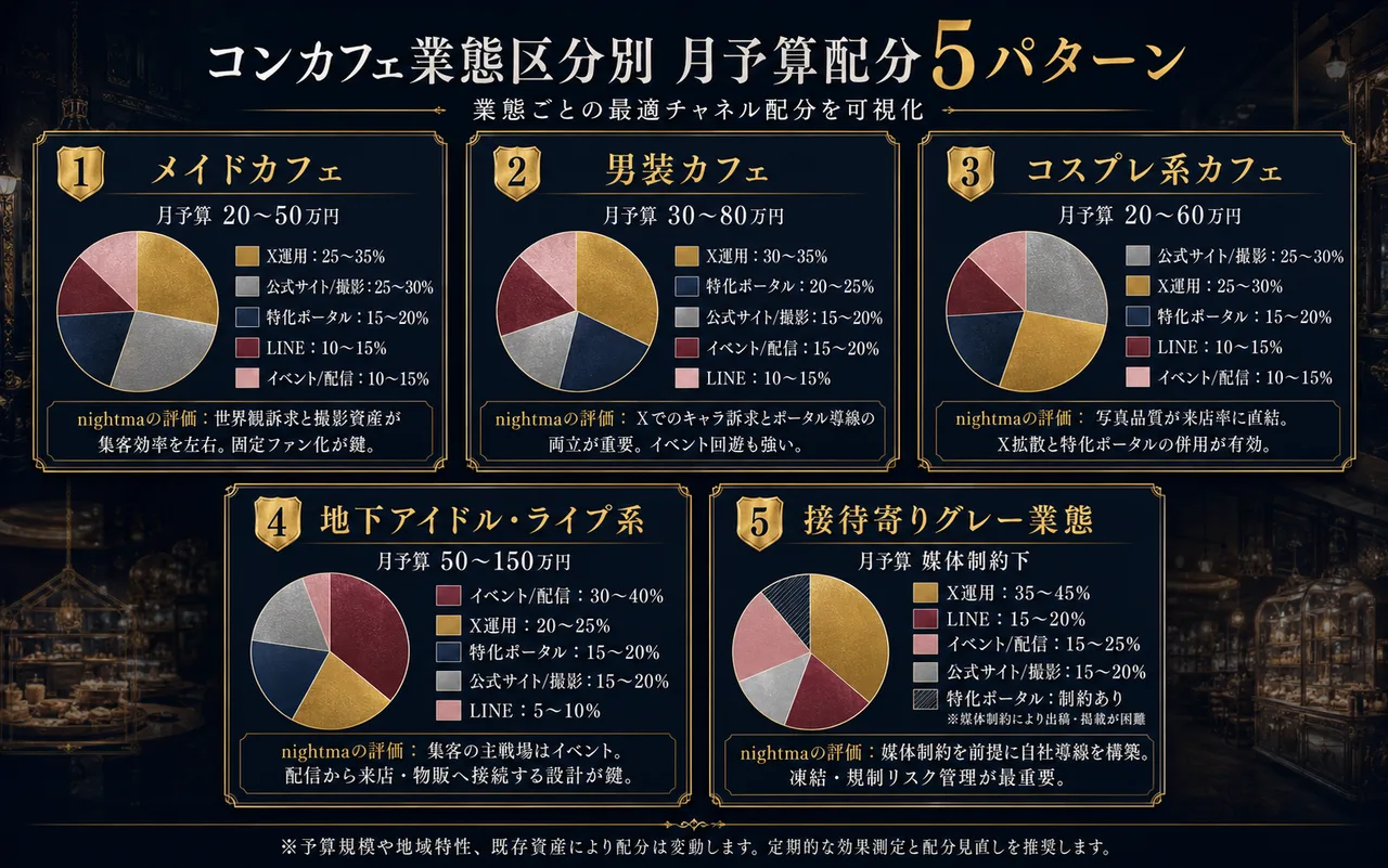 コンカフェ業態区分別 月予算配分5パターン