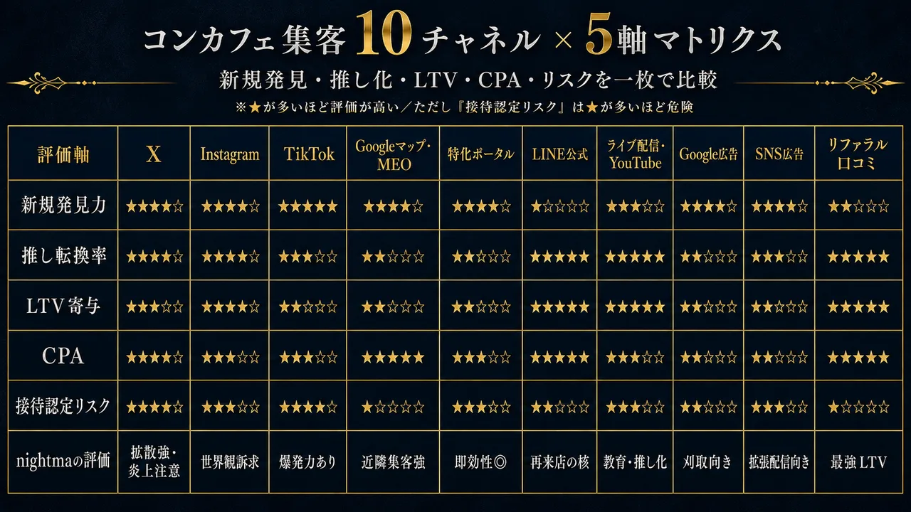 コンカフェ集客 10チャネル×5軸マトリクス