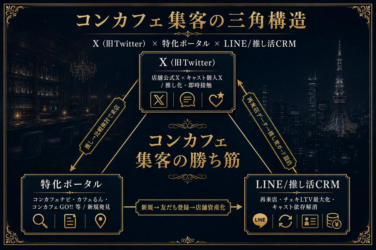 コンカフェ集客の三角構造(X×特化ポータル×LINE/推し活CRM)