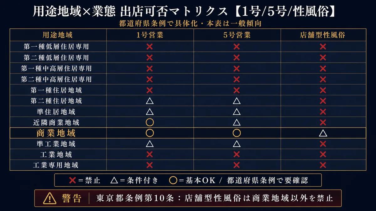 用途地域×業態 出店可否マトリクス 1号/5号/性風俗