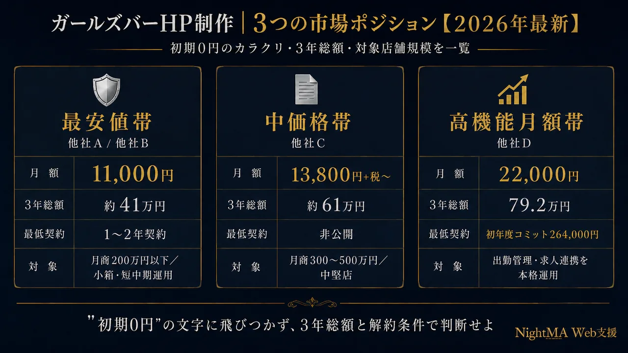 ガールズバーHP制作の3つの市場ポジション｜費用相場比較