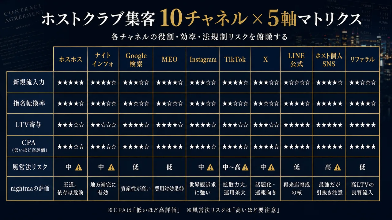 ホストクラブ集客 10チャネル×5軸マトリクス