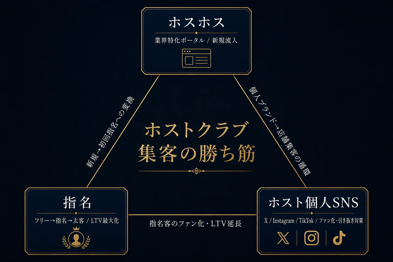 ホストクラブ集客の三角構造(ホスホス×指名×ホスト個人SNS)
