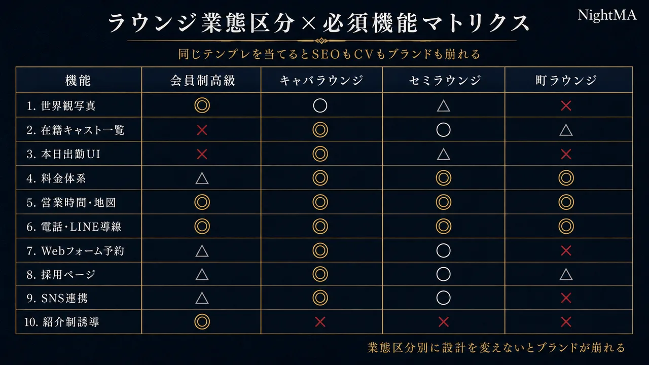 ラウンジ業態区分×必須機能マトリクス