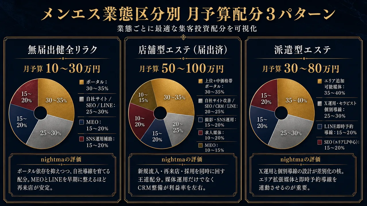メンエス業態区分別 月予算配分3パターン