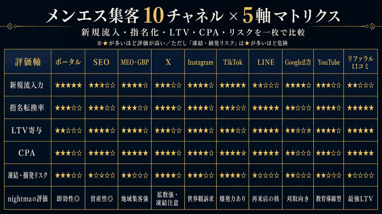 メンエス集客 10チャネル×5軸マトリクス
