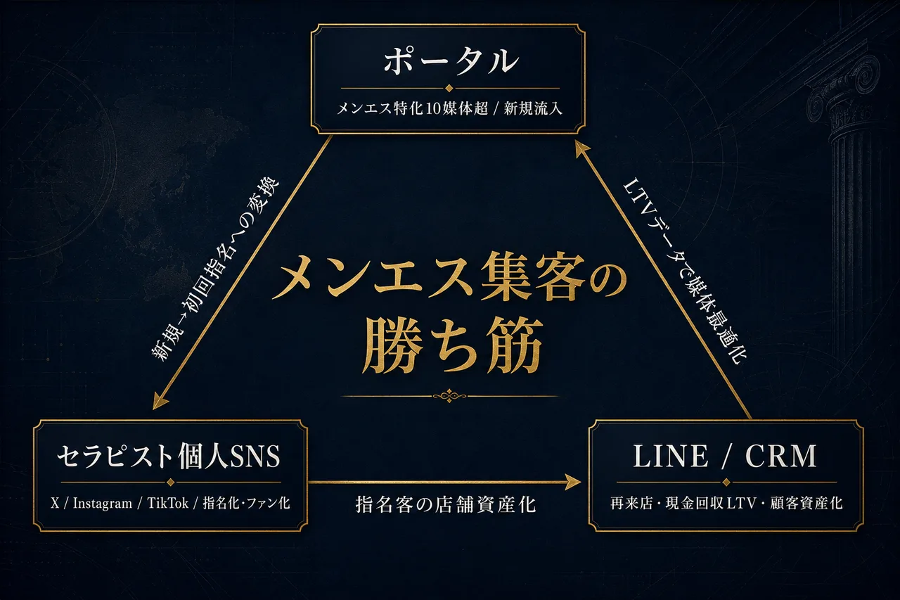 メンエス集客の三角構造（ポータル×セラピスト個人SNS×LINE/CRM）