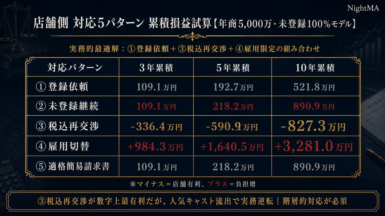 店舗側対応5パターン10年累積損益試算（年商5,000万・未登録100%モデル）