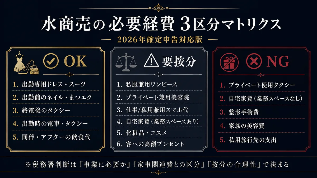 水商売の必要経費 OK/NG/要按分 3区分マトリクス