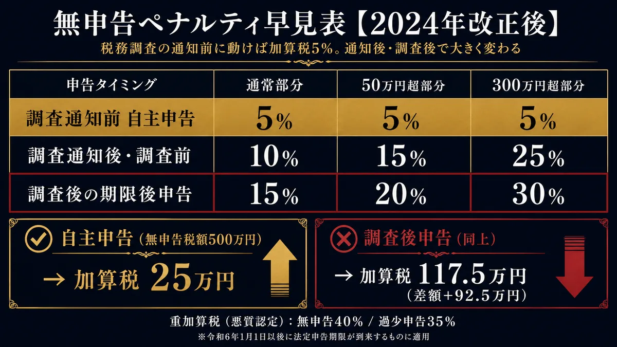 無申告ペナルティ早見表 2024年改正後の加算税率