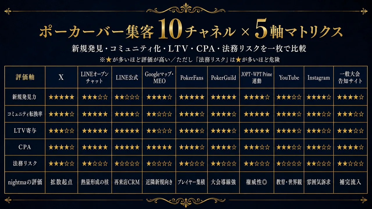 ポーカーバー集客 10チャネル×5軸マトリクス