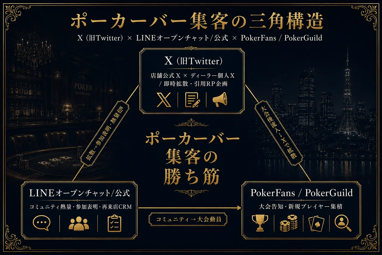 ポーカーバー集客の三角構造(X×LINEオープンチャット×PokerFans/PokerGuild)
