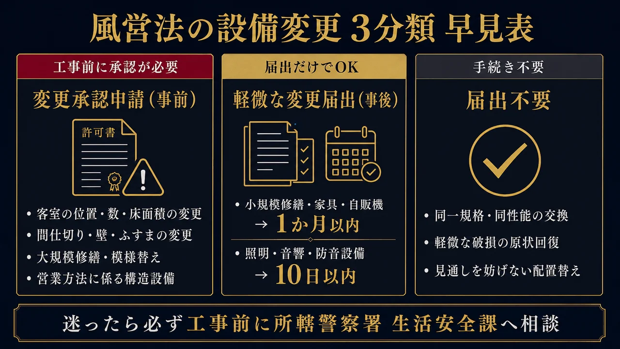 風営法の設備変更 3分類早見表 変更承認申請・軽微な変更届出・届出不要