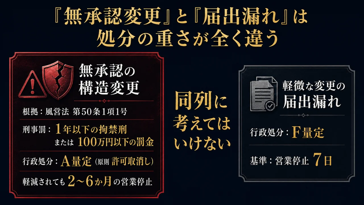 無承認変更はA量定許可取消し級 届出漏れF量定7日との処分比較