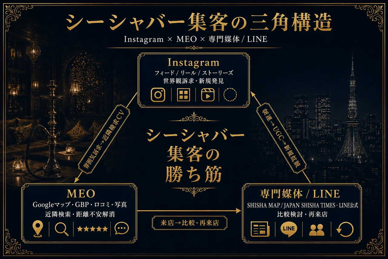 シーシャバー集客の三角構造(Instagram×MEO×専門媒体/LINE)