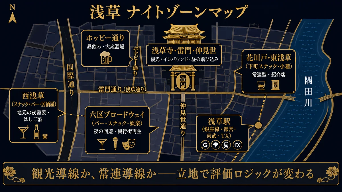 浅草のナイトエリア ゾーン別マップ 北を上にして隅田川が東側を南北に流れる 雷門と仲見世と浅草寺が中央で観光インバウンドの昼の核 ホッピー通りは浅草寺の西で昼飲み大衆酒場 六区ブロードウェイは南西で夜の回遊と興行街再生 国際通りは西側を南北に走り西浅草はその西でスナックバー居酒屋の地元の夜需要 花川戸と東浅草は東の隅田川寄りで常連型の下町スナック 浅草駅は銀座線と都営浅草線と東武スカイツリーラインとつくばエクスプレスの4路線が集まる重層商圏 ゾーンは概念図