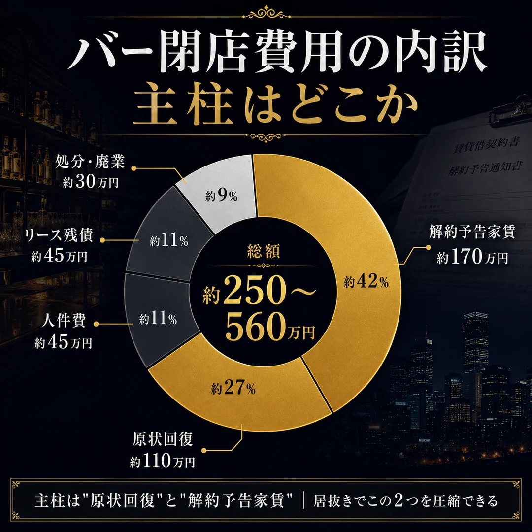 バー閉店費用の内訳。総額約250〜560万円・主柱は解約予告家賃と原状回復（nightma）