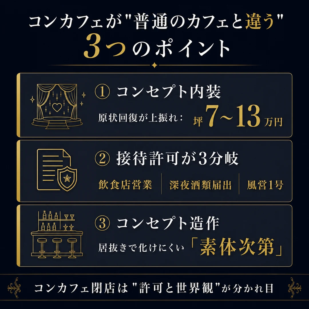 コンカフェが普通のカフェと違う3点。コンセプト内装で原状回復坪7〜13万・接待許可が3分岐・コンセプト造作は居抜きで化けにくい素体次第（nightma）
