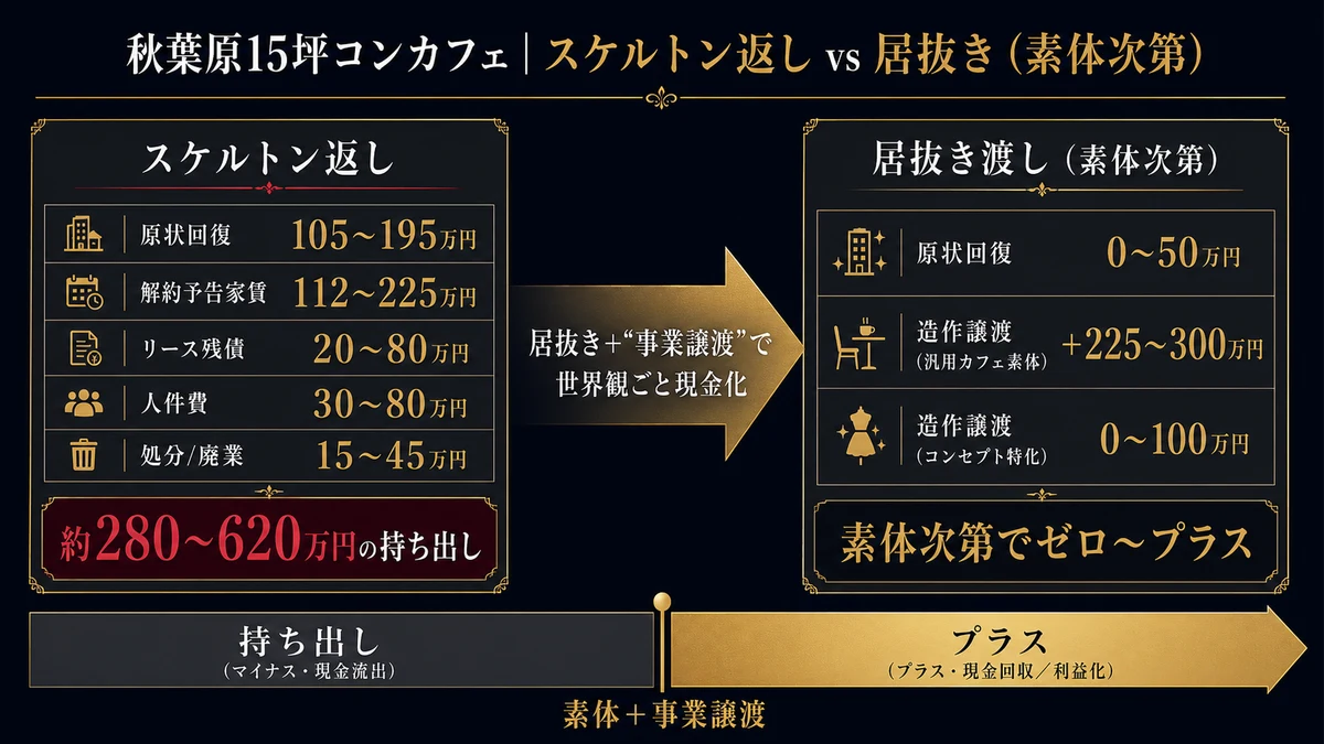 秋葉原15坪コンカフェのスケルトン返しvs居抜き。約280〜620万円の持ち出しが、居抜き＋事業譲渡なら素体次第でゼロ〜プラスに（nightma）
