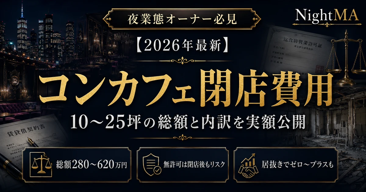 コンカフェ閉店費用の総額と内訳。10〜25坪の原状回復・接待許可の廃止・居抜きで割れる造作価値を実額公開（nightma）