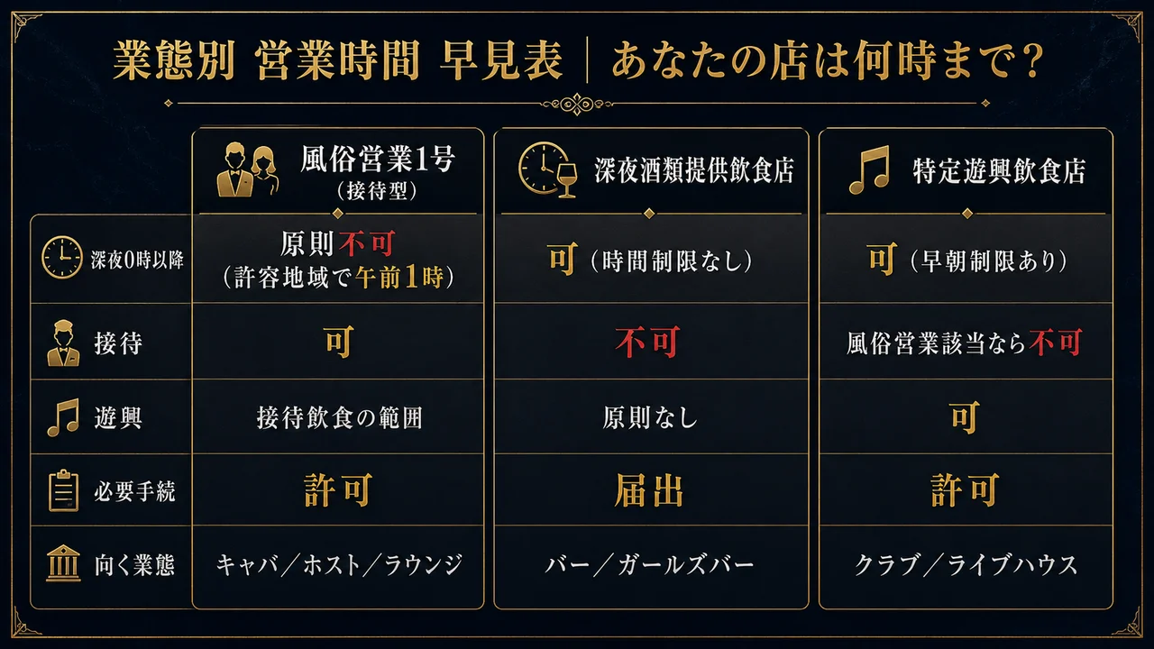 風営法の営業時間 業態別早見表 風俗営業1号・深夜酒類提供・特定遊興の深夜0時以降の営業可否と接待・遊興・必要手続の比較