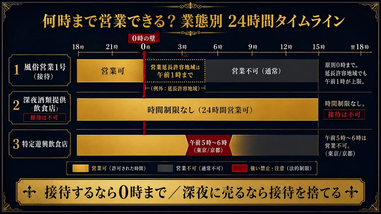 風営法の営業時間 業態別24時間タイムライン 1号は0時まで許容地域は午前1時 深夜酒類提供は時間制限なし 特定遊興は早朝5時6時制限