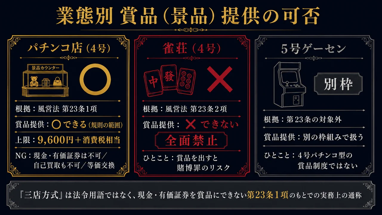 業態別 賞品提供の可否 パチンコ店9600円可・雀荘禁止・5号別枠