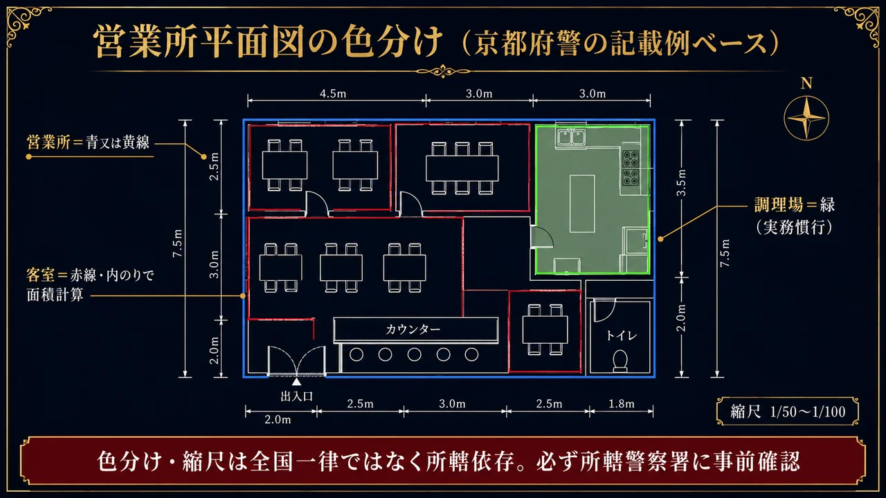 営業所平面図の色分け 客室赤線・営業所青又は黄線・調理場緑 京都府警記載例ベース