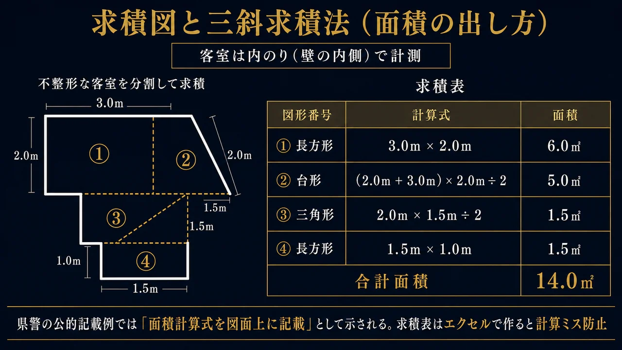 求積図と三斜求積法 不整形な客室を三角形台形に分割して面積計算式と求積表で算出