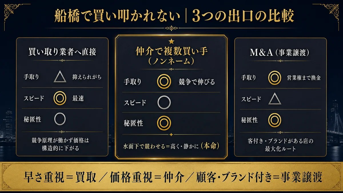 船橋で買い叩かれない3つの出口の比較 買い取り業者へ直接は手取りが抑えられがちだがスピードは最速で秘匿性は中程度で1社しか相手がおらず競争原理が働かない 仲介で複数買い手はノンネームで手取りが競争で伸びて秘匿性が高く高く静かに売れる本命で船橋は東京の家賃難民と東葛の事業者が買い手で競争を作りやすい M&A事業譲渡は営業権まで換金でき手取りが最大化するが時間はかかる 早さ重視は買取で価格重視は仲介で顧客やブランド付きは事業譲渡