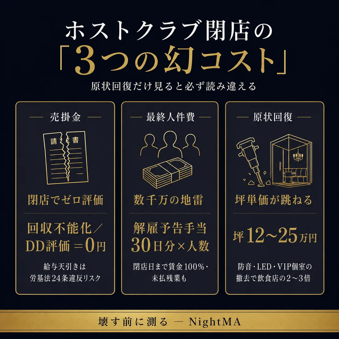ホストクラブ閉店の3つの幻コスト。売掛金は閉店でゼロ評価で給与天引きは労基法24条違反リスク・最終人件費は解雇予告手当30日分×人数で数千万の地雷・原状回復は防音やLEDやVIP個室の撤去で坪12〜25万に跳ねる（nightma）