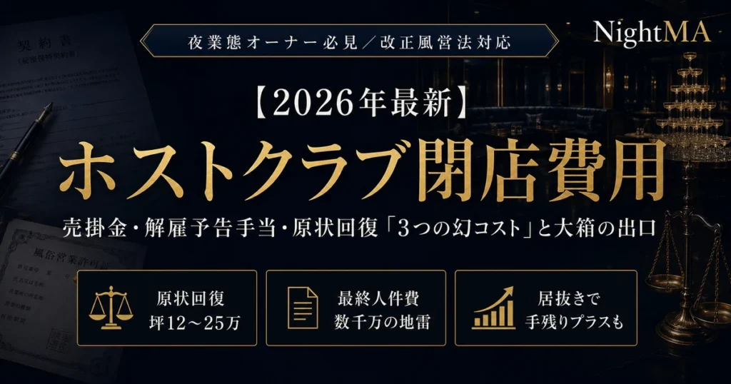 ホストクラブ閉店費用の総額と内訳。回収不能化する売掛金・解雇予告手当を含む最終人件費・防音やVIP個室で坪12〜25万に跳ねる原状回復という3つの幻コストと、高額内装を居抜き造作譲渡で手残りプラスに残す出口を実額公開（nightma）