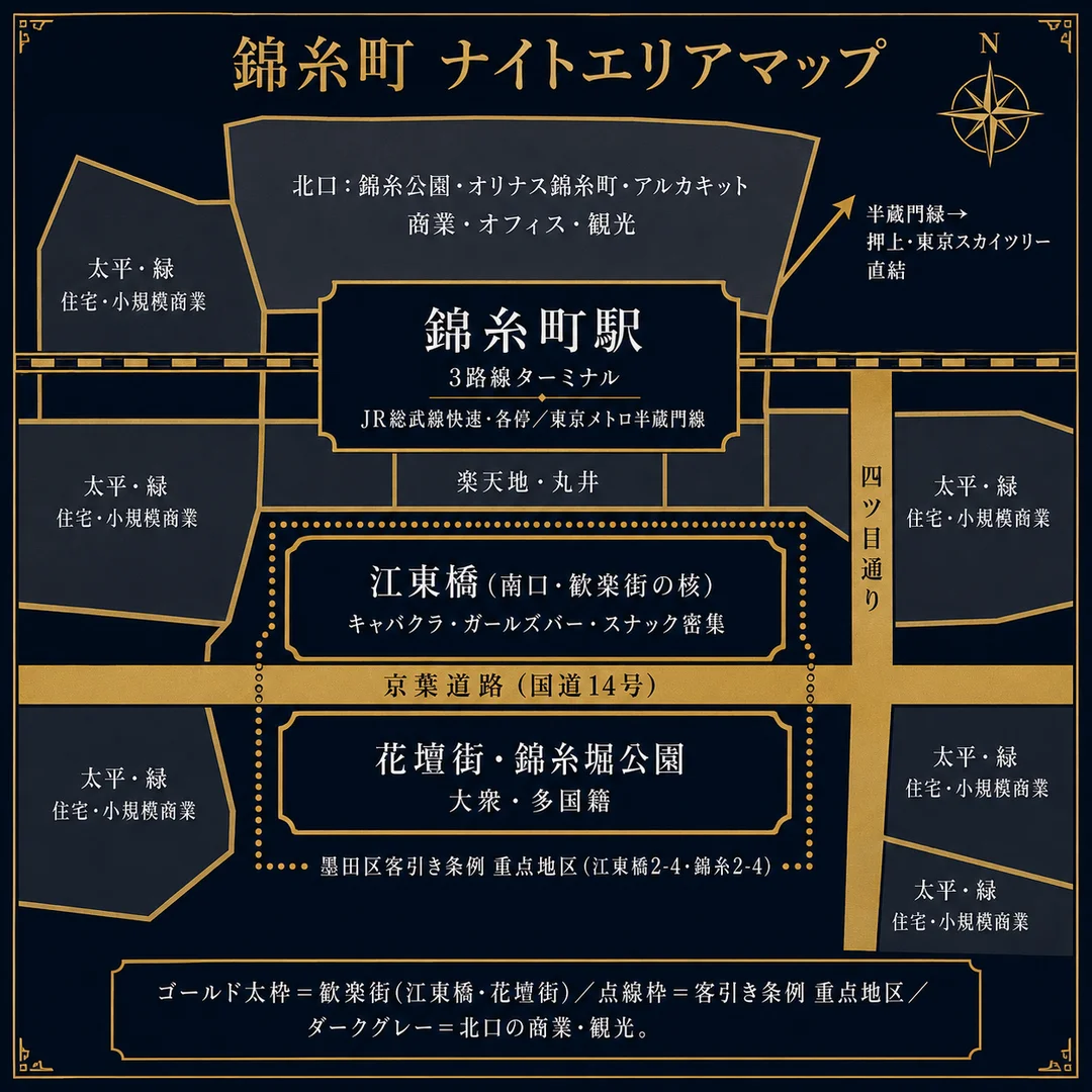 錦糸町ナイトエリアマップ 中央に3路線ターミナルの錦糸町駅 北口は錦糸公園オリナス錦糸町アルカキットの商業オフィス観光 北東に半蔵門線で押上東京スカイツリー直結 南口は江東橋の歓楽街の核でキャバクラガールズバースナック密集 駅の南を京葉道路国道14号が東西に走りその南に花壇街と錦糸堀公園 東に四ツ目通り 周縁は太平緑の住宅商業 墨田区客引き条例の重点地区は江東橋2-4と錦糸2-4 錦糸町は告示密集区域でないが営業延長許容地域で午前1時まで