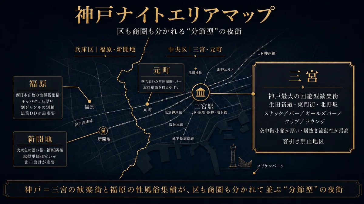 神戸ナイトエリアマップ 神戸は中央区の三宮と兵庫区の福原が区も商圏も分かれて並ぶ分節型の夜街 中央区側の三宮はJR阪急阪神地下鉄が集まる神戸最大の回遊型歓楽街で生田新道東門街北野坂を軸にスナックバーガールズバークラブラウンジが空中階の小箱で密集し居抜き流動性が最高で客引き禁止地区 中央区の元町は三宮の西で落ち着いた常連商圏のバーで取得単価を抑えやすい 兵庫区の福原は西日本有数の性風俗集積でキャバクラも厚い別ジャンルの別軸で法務デューデリジェンスが最重要 兵庫区の新開地は福原隣接で大衆色が濃く取得単価は安いが出口設計が重要 西から東に兵庫区の新開地福原から中央区の元町三宮へ並ぶ