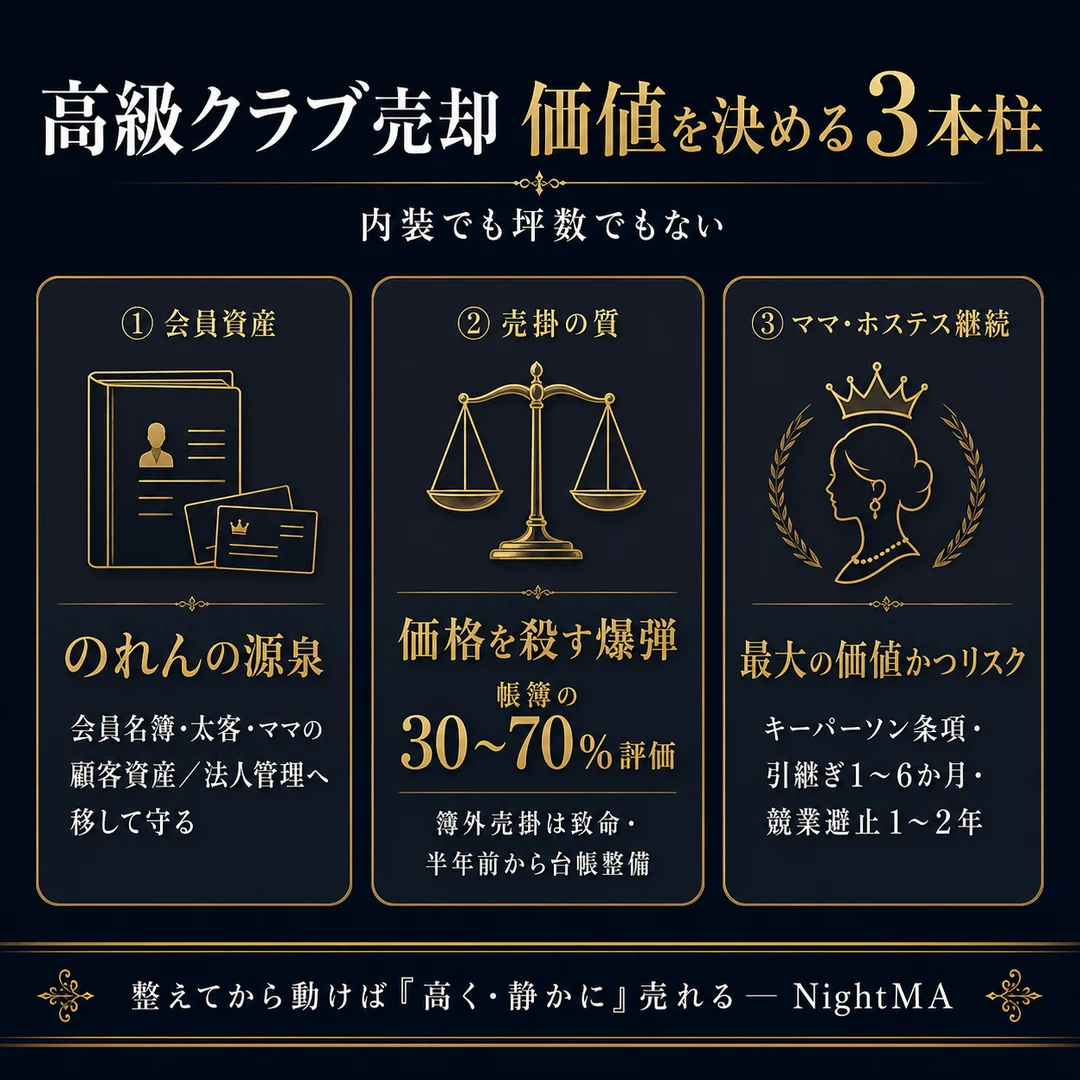 高級クラブ売却の価値を決める3本柱。①会員資産=のれんの源泉で法人管理へ移して守る②売掛の質=帳簿の30〜70%評価で簿外売掛は致命③ママ・ホステス継続=最大の価値かつリスクでキーパーソン条項と競業避止で担保（nightma）