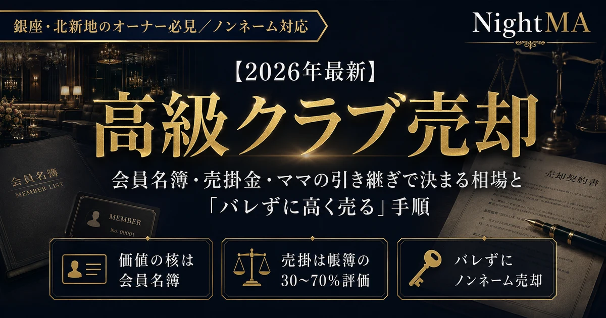 高級クラブ売却の相場と手順。価格を決めるのは会員名簿という顧客資産・売掛金の質・ママとホステスの継続の3点。会員や従業員にバレないノンネーム売却をナイト特化M&Aのnightmaが解説（2026年最新）