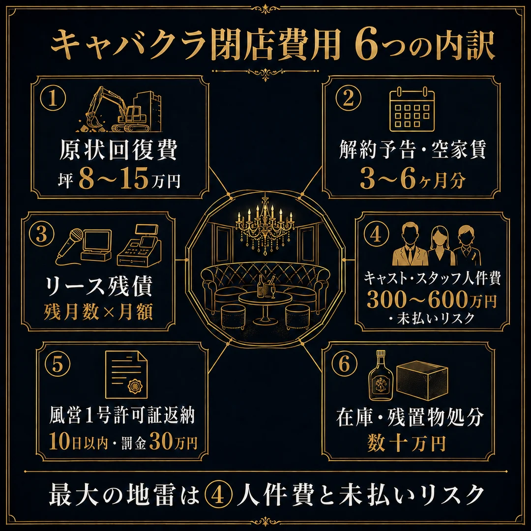 キャバクラ閉店費用6つの内訳 原状回復費坪8〜15万円 解約予告空家賃3〜6ヶ月分 リース残債残月数×月額 キャスト・スタッフ人件費300〜600万円未払いリスク 風営1号許可証返納10日以内罰金30万円 在庫残置物処分数十万円 最大の地雷は人件費と未払いリスク