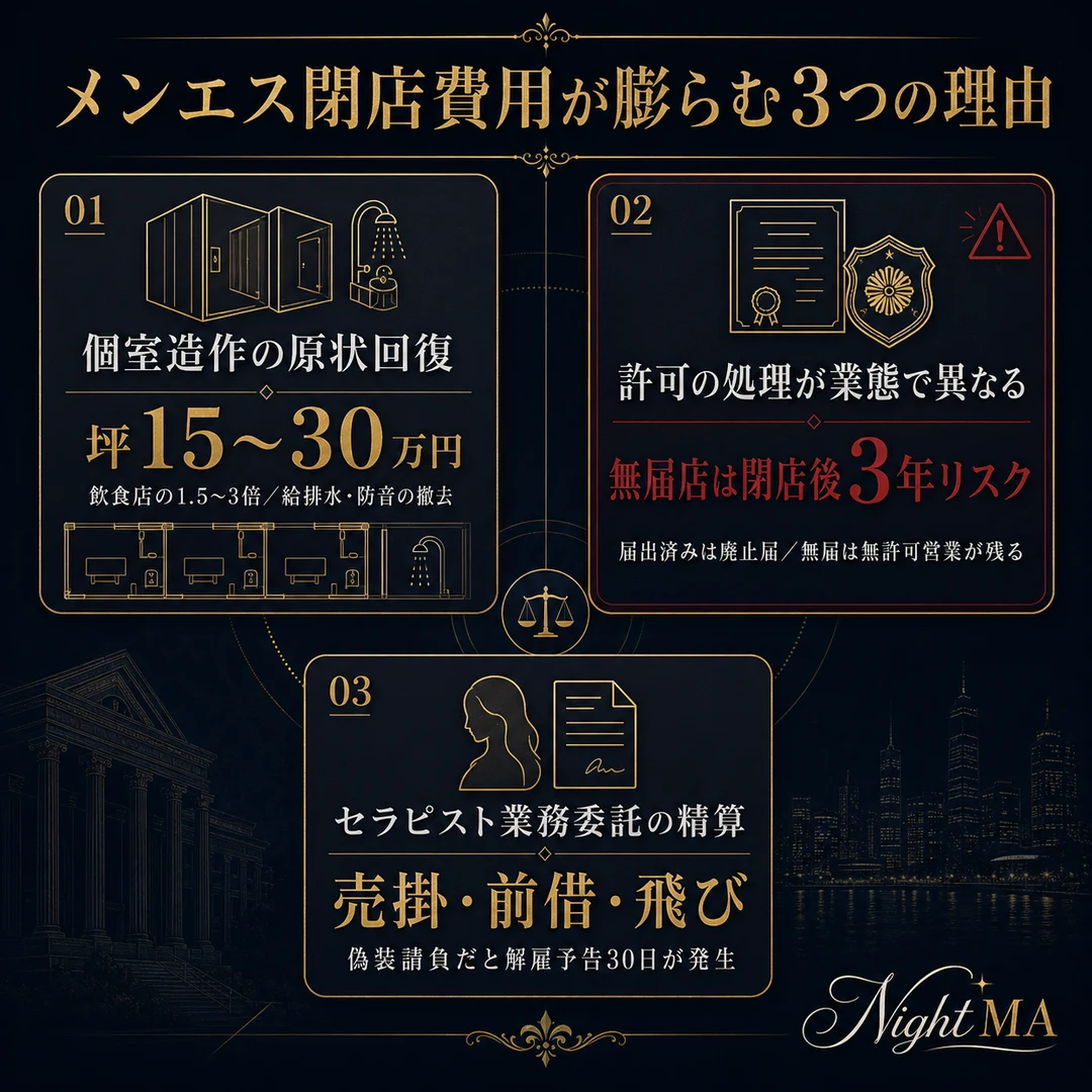 メンエス閉店費用が膨らむ3つの理由。個室造作の原状回復坪15〜30万で飲食店の1.5〜3倍・許可の処理が業態で異なり無届店は閉店後3年リスク・セラピスト業務委託の売掛/前借/飛びと偽装請負リスク（nightma）