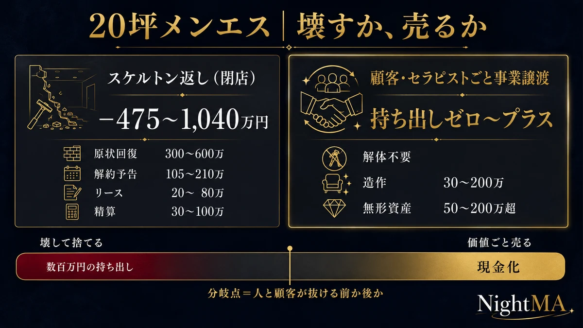 20坪メンエスのスケルトン返しvs顧客セラピストごと事業譲渡。閉店は475〜1040万円の持ち出し、事業譲渡なら持ち出しゼロ〜プラスに現金化。分岐は人と顧客が抜ける前か後か（nightma）
