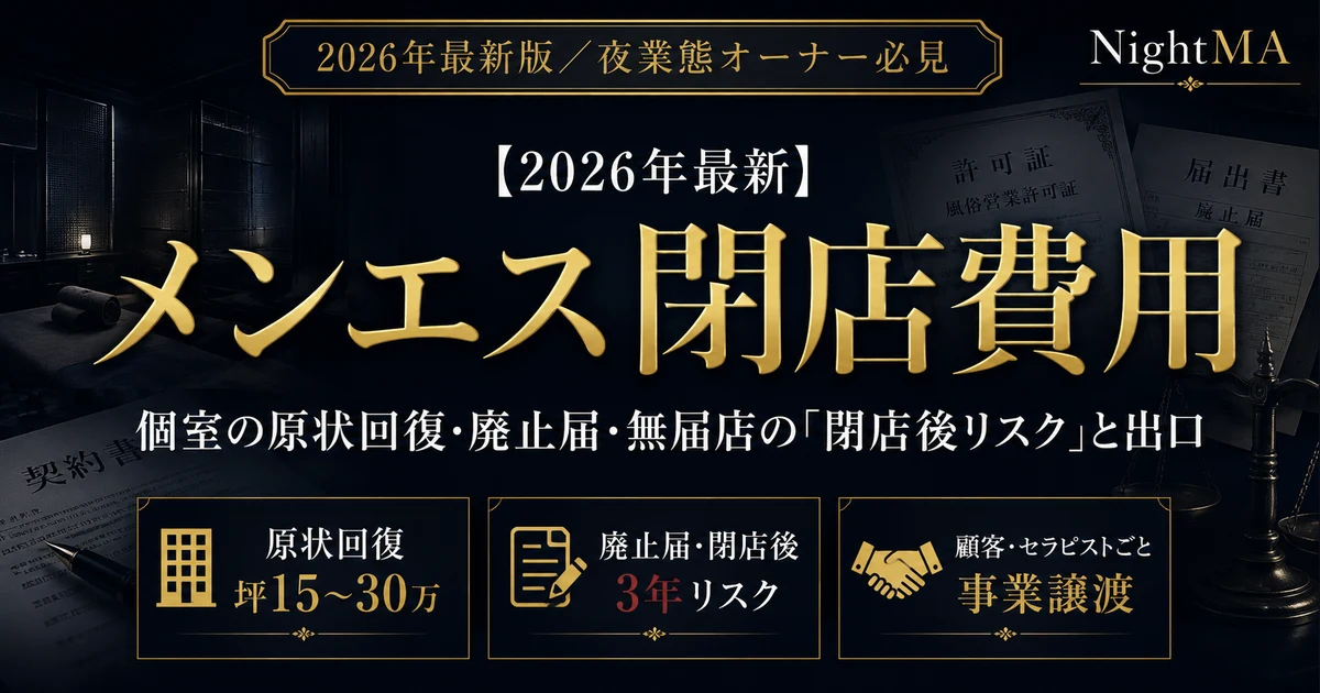 メンエス閉店費用の総額と内訳。個室の原状回復坪15〜30万・店舗型性風俗特殊営業の廃止届・無届店の閉店後3年リスク・顧客とセラピストごと事業譲渡の出口を実額公開（nightma）