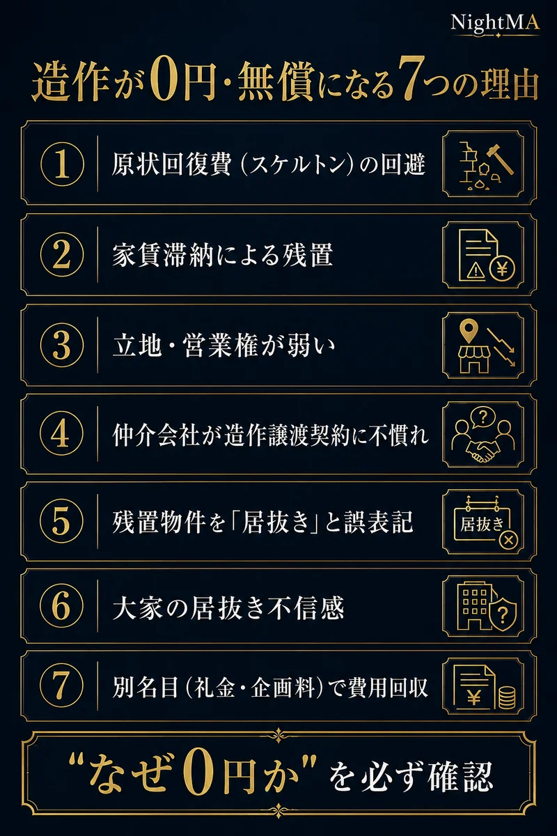 造作が0円無償になる7つの理由 原状回復費スケルトンの回避 家賃滞納による残置 立地営業権が弱い 仲介会社が造作譲渡契約に不慣れ 残置物件を居抜きと誤表記 大家の居抜き不信感 別名目礼金企画料で費用回収