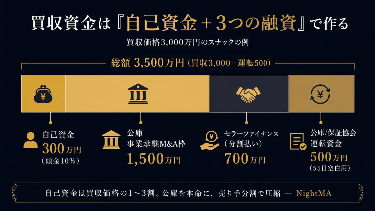 買収資金は自己資金＋3つの融資で作る。買収価格3000万円のスナックの例＝総額3500万円を自己資金300万円・公庫事業承継M&A枠1500万円・セラーファイナンス分割払い700万円・公庫や保証協会の運転資金500万円で組み立てる（nightma）