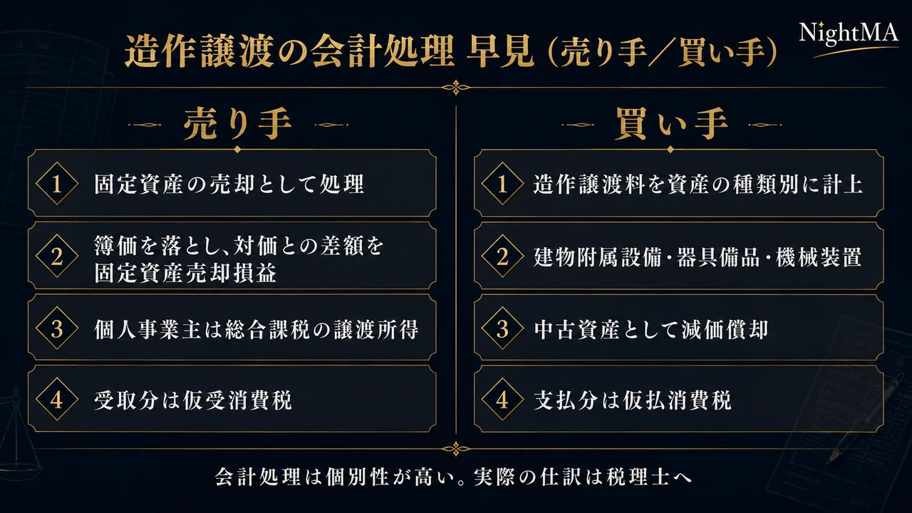 造作譲渡の会計処理早見 売り手は固定資産の売却で簿価を落とし対価との差額を固定資産売却損益 買い手は造作譲渡料を資産の種類別に計上し中古資産として減価償却
