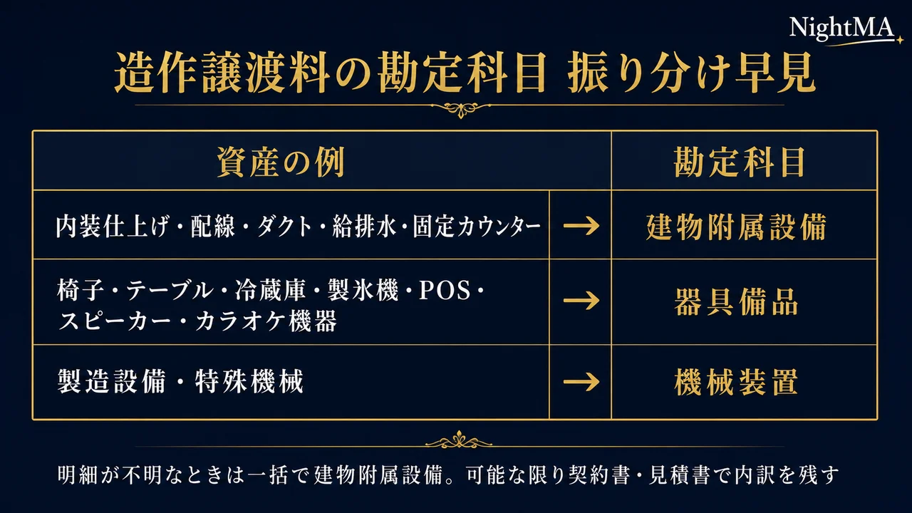 造作譲渡料の勘定科目振り分け 内装仕上げ配線ダクト給排水固定カウンターは建物附属設備 椅子テーブル冷蔵庫製氷機POSスピーカーカラオケ機器は器具備品 製造設備特殊機械は機械装置