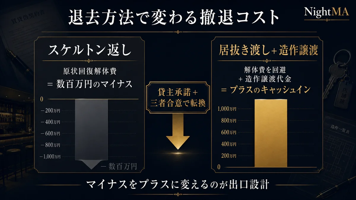 退去方法で変わる撤退コスト スケルトン返しは原状回復解体費で数百万円のマイナス 居抜き渡しと造作譲渡は解体費を回避し造作譲渡代金でプラスのキャッシュイン 貸主承諾と三者合意で転換