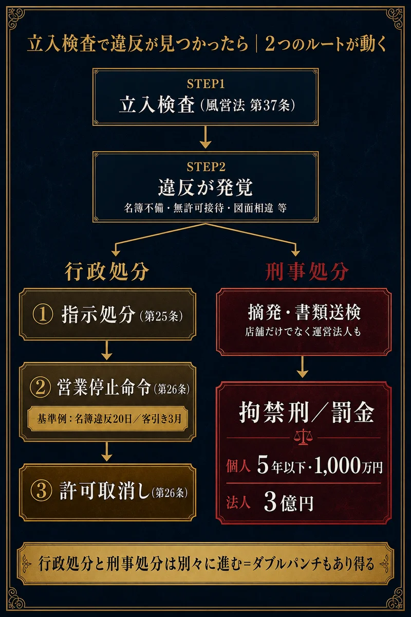 風営法の立入検査で違反発覚後の処分フロー 行政処分（指示処分・営業停止・許可取消）と刑事処分（拘禁刑・罰金・法人3億円）の分岐