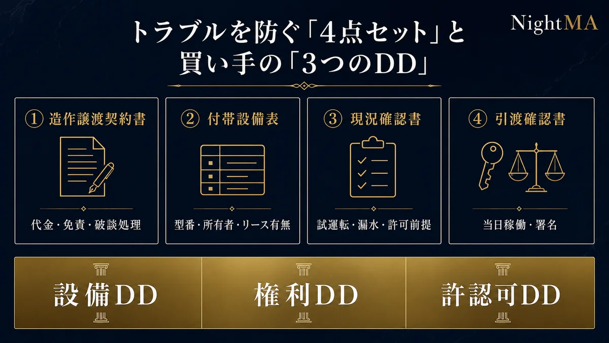 トラブルを防ぐ4点セットの書類 造作譲渡契約書 付帯設備表 現況確認書 引渡確認書 買い手の3つのDD 設備DD 権利DD 許認可DD
